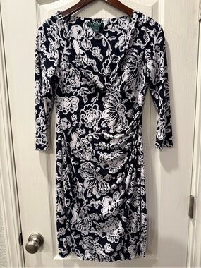 Lauren Ralph Lauren Navy and White Floral Ruched Dress